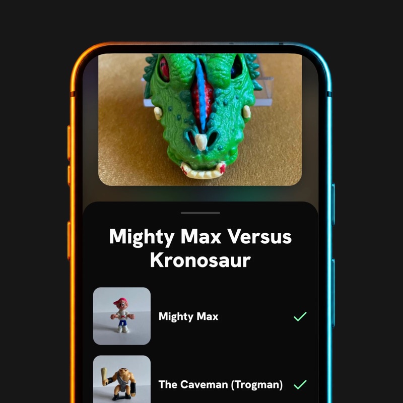 Grayl app showing a Mighty Max playset and the figures that came with it